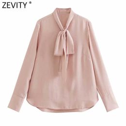 Zevity Women Elegant Bow Tied Collar Solid Smock Blouse Office Ladies Casual Shirts Chic Business Kimono Blusas Tops LS7660 210603