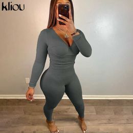 Kliou Knitting V-Neck Top And Stretchy Pants Matching Sets Casual Long Sleeve Women Solid Clothing Skinny 2 Piece Outfits Hot Y0625