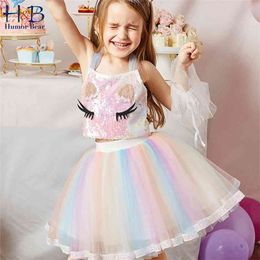 Girls Clothing Set Summer Sling Colorful Cartoon Vest Top+Mesh Prinecess Party Skirt 2pcs Sweet Children Clothes 210611