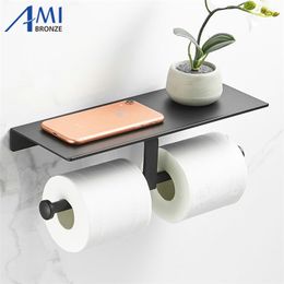 Black Paint Double Paper Holder Wall Mounted Bathroom Accessories Phone Rack Toilet Shelf Space Aluminium Material 210720