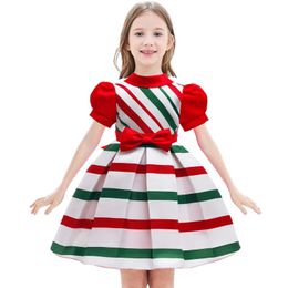 Toddler Kids Girls Puff Sleeve Striped Princess Christmas Party Wedding Dress Flower Girls Dress For Wedding Party stripe Dress Q0716