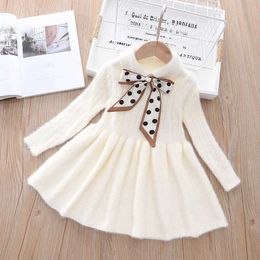 Fashion Autumn Winter Girls Princess Kids Children Baby Knitwear Dress Knitting Dot Bowtie Long Sleeve Dresses Vestidos S12859 Q0716