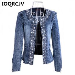 Women's Jackets 2022 Autumn Denim Jacket Rhinestone Sequins Elegant Vintage Short Basic Stretch Casual Long Sleeve Women Coat R442