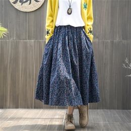 Spring Autumn Arts Style Elastic Waist Cotton Linen A-line Long Skirt Women Loose Casual Vintage Floral Skirt high quality S364 210310