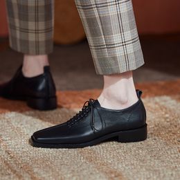 Women Genuine Leather Oxford Shoes Square Toe Black Lady Lace Up Brogues Loafers Casual Shoes for Women Leather Shoes 2021 New