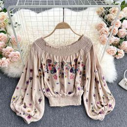 Women Fashion Ethnic Embroidery Flowers Stretch Slash Neck Long Sleeve Thin Short Tops Clothing Sexy Shirts R674 210527