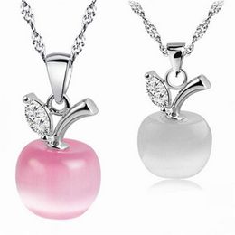 925 Sterling Silver Woman Fashion Jewelry High Quality Pink Opal Apple Shape Pendant Necklace Length 45CM