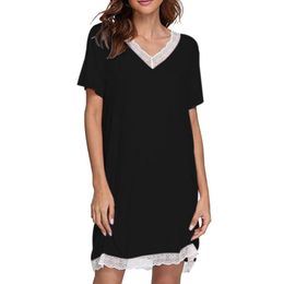 Women's Sleepwear Women Nightgowns Cotton Modal Summer Solid Lace Splice V-neck Short Sleeve Night Dress Underwear Gown Sleepshirts