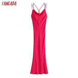 Tangada Women Solid Red Midi Dress Strap Sleeveless Fashion Lady Elegant Dresses Vestido YI32 210609