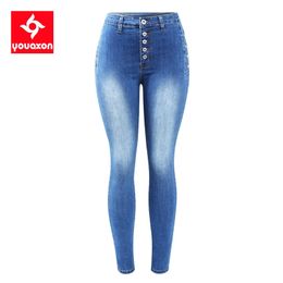 2222 Youaxon Arrived EU Size Button Fly Jeans Women`s Plus High Waist Stretchy Denim Skinny Pants For Women 210708