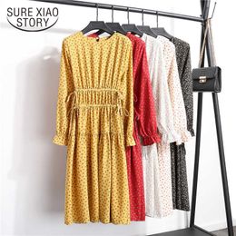 Spring Fashion Summer Long Sleeve Retro Crew Neck Floral Print Lace-up Loose Fit Slimming Chiffon Dress Female 8693 50 210527
