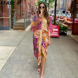 XEASY Women Vintage Printed Waist Elastic Front Slit Midi Dress Female Beading V Neck Draped Ruched Robe Ladies Kimono Dresses 220311