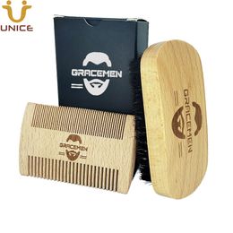 MOQ 100 Sets OEM Customise LOGO Beech Wooden Facial Hair / Beard Care Kits with Custom Box for Man Wood Beards Brush & Dual Sided Comb