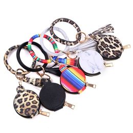 NewColorful PU Leather Tassels Bracelets Keychain Party Favor Wristlet Sunflower Leopard Earphone Bags Makeup Bag With Mirror Keyring Heads