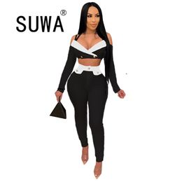 INS Recommend Style Women Sets Pants And Top Elegant Chic Two Piece Outfits Off Shoulder Long Sleeve Crop Tunic Trousers 4XL 210525