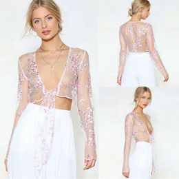 Women's Swimwear Women Floral Embroidery Mesh Sheer See-through Long Sleeve Crop Top Shirt Blouse