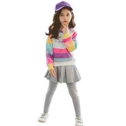 Kids Sport Clothes Rainbow Hoodies + Cake Pants Girls Outfits Letter Sets Patchwork Children's Clothing 6 8 10 12 14 210528