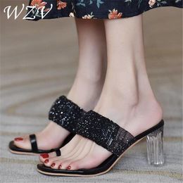 Slippers Women Toe Ring Sandals Ladies Clear Heel High Black White Open Toes Thick Fashion Female Slides Summer Shoes