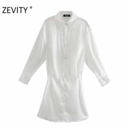 ZEVITY Women elegant turn down collar long sleeve mini dress office lady back pleats vestido chic summer business Dresses DS4300 210603