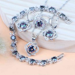 Sier 925 Rainbow Cubic Zirconia Costume Bridal Jewelry Sets Rings Earrings Bracelets Pendant Wedding Necklace Sets For Women