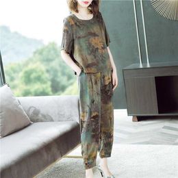 Summer Middle-aged Women 2 Piece Sets Outfits Plus Size Floral Print Top & Pants Suits Fashion Korean Ladies Set 2021 Y813 Y0625