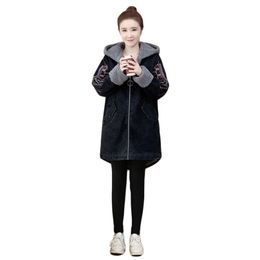 Winter Hooded Jacket Women 5XL Plus Size Loose Leisure Long Sleeve Fashion Thick Warmth Add Wool Tops Cowboy Coat LR731 210531