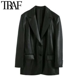 TRAF Women Fashion Faux Leather Loose Blazers Coat Vintage Long Sleeve Pockets Back Vents Female Outerwear Chic Tops 210930