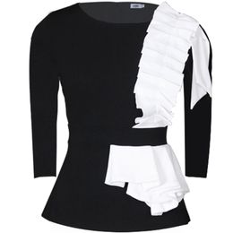 Ruffles Women Shirt Blouse Nine Quarter Sleeve O Neck Black White Patchwork Lady Party Tops Elastic Waist Oversize Plus Size 210527