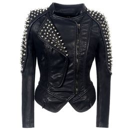 Women Leather Jacket New Spikes Stars Slim Bi-metal Silver Rivet Metallic Jacket PU Punk Biker Leather Coats SX01 Y201006