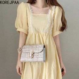 Korejpaa Women Mini Dress Summer Korean Sweet Elegant Square Collar Hollow Lace Stitching Pleated High Waist Loose Vestido 210526