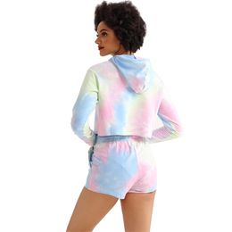 NWT Tie Dye Crop Sweater+Leisure Drawstring Shorts Sports Sets Women Cotton Hooded Gym Workout Long Sweater+Shorts 2Pcs/Set 210802