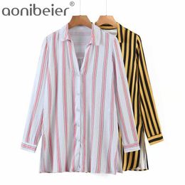 Striped Shirt Summer Lightweight Wrist Sleeve Button-up Women Loose Side Slit Casual Long Blouses Female Tops 210604