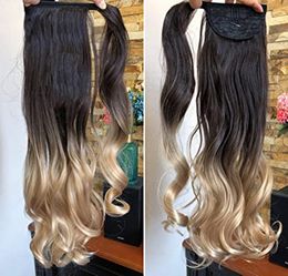 20" human Wavy Curly Ombre Wrap Around Pony tail Clip in Hair Extensions Hairpieces brown ombre honey blonde virgin hair ponytail 120g