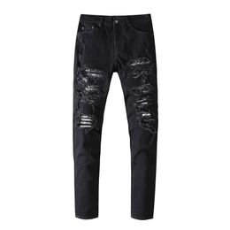 Men's Jeans Style Fashion Male Black Tide Holes Made Old Cashew Flower Stretch Slim Fit For Men And Woman High Street