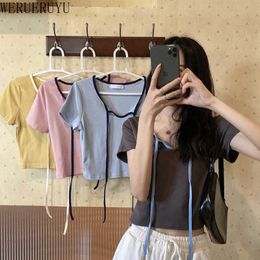 WERUERUYU Sexy Women Solid Colour T-shirt Outwear Summer Thread Wrapped Short Sleeve T-shirt Tops 210608