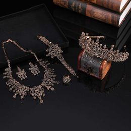 Turkish Wedding Jewellery Set Women's Earring Necklace Bracelet Ring Crown Arab Gold Bride Gift Bijoux H1022