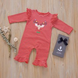 Baby Girls Clothes Christmas Striped Infant Rompers Long Sleeve Children Girl Jumpsuit Xmas Elk Printed Ruffle Toddler Clothing BT5937