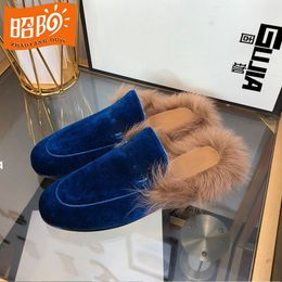 2023 new winter suede slippers natural fur rabbit hair top sheepskin frosted velvet flat bottomed Baotou box casual women's shoes