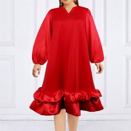 Spring Red Long Sleeve Loose Dresses Women V Neck Ruffles Patchwork Knee Length Oversized Plus Size Casual Wear Clothing 210527