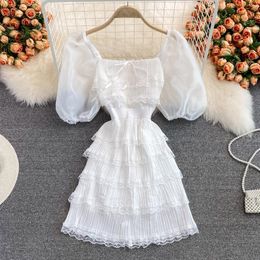Casual Dresses Summer Mesh Lace Stitched Dress Women Short Sleeve Backless Square Neck Girl White Fairy Ruffle