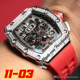 2022 Miyota Automatic Mens Watch Rose Gold Diamonds Bezel Big Date Black Silver Skeleton Dial Stick Markers Red Rubber Strap Super Edition Puretime01 03drg-c3