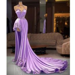 Sexy Prom Dresses Sheer Scoop Neck Satin Lace Appliqued Beads High Side Split Peplum Formal Party Evening Gowns