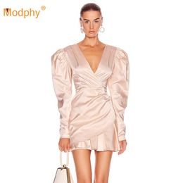 Spring Pink Sexy Deep V-neck Lantern Sleeve Pleated Mini Dress Women's Bodycon Club Celebrity Evening Party Vestidos 210527