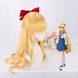 Sailor Moon Sailor Venus Minako Aino Cosplay Wig Heat Resistant Synthetic Halloween Party Cosplay Wig for Women + Hair Cap