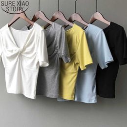Fashion Woman's Shirt Summer T-shirt Female Korean Short-sleeved Solid Tops Female V-neck Korean Folds Slim Tops 14621 210527