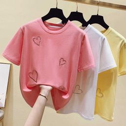 Summer Cotton Tops Woman T-shirt Love Printed Beading Tee Shirt Pink Kawaii Short Sleeve Tshirt Women Clothes S- XL 210604