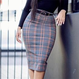 Women High Waist Plaid Pencil Skirts Bodycon Retro Classy Elegant Office Ladies Summer Modest Slim African Fashion Jupes Falads 210310