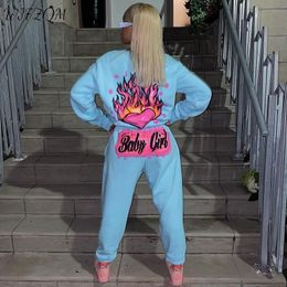 Women's Two Piece Pants WJFZQM Womens Long Sleeve Top Print Matching Sets Streetwear 2 Winter Outifits 2021 Sweatsuits For Women