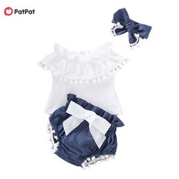 Summer 3-piece Baby Toddler Girl Pompon Decor Flounced Collar Top and Shorts with Headband 210528