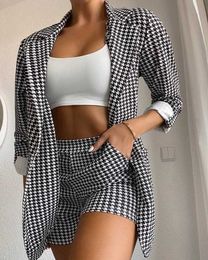 WEPBEL Long Sleeve Jacket Shorts Sets 2 Piece Sets Outfits Houndstooth Women Sets Female Autumn Outwear High Waist Short Pants Y0625